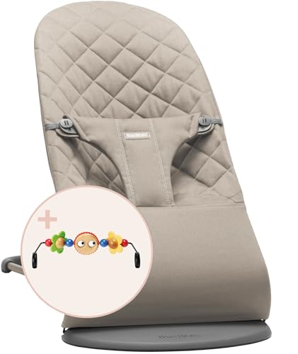 BabyBjörn Babywippe Bliss, Gewebt, Klassische Steppung, Sandgrau, inklusive Spielzeug, Fröhliche Augen