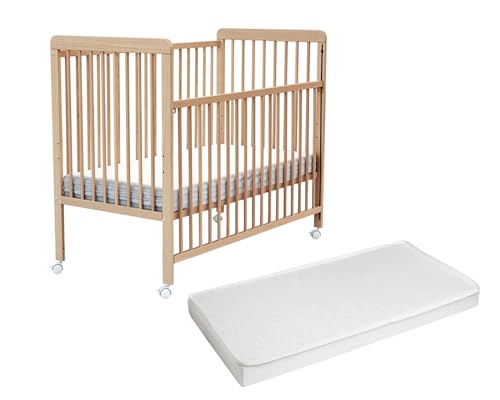 AT4 - Babybett Holz mit Matratze 60x120 ESSENTIEL Buche Lackierte |Kinderbett | Mit 4 rollen | Mit Verstellbarer Lattenrost 3 stufen
