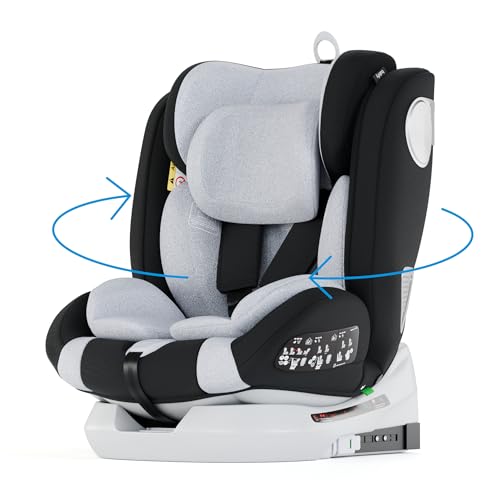 Babify Onboard, Autositz Isofix für Babys und Kinder, 0 Monate - 12 Jahre, 40-150cm, 360°drehbar, tragbarer und sicherer Sitz i-Size ECE R129 Grau
