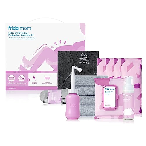Frida Mom Arbeits-, Liefer- und Postpartum-Kit, All-in-One Arbeit + Postpartum-Essentials, inklusive Schwangerschaftsunterlagen, Peri-Flasche, Muttersocken, Stillmantel, Einweghöschen mit