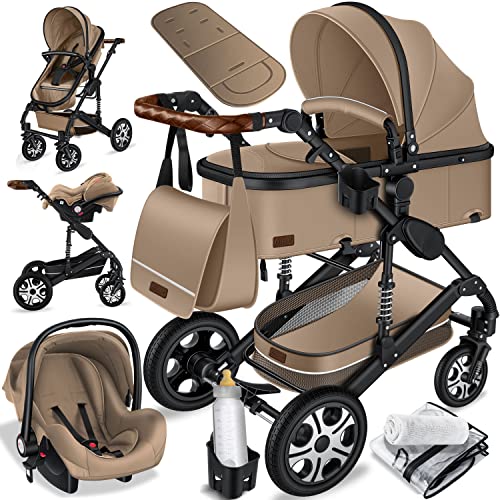 KESSER® Loops 3 in 1 Kinderwagen Kombikinderwagen Komplett-Set inkl. Babywanne & Buggy Sportsitz & Auto-Babyschale Voll-Gummireifen Wickeltasche Regenschutz Kindertisch ECE R129, Beige/Schwarz