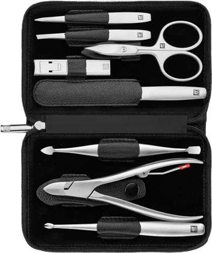 ZWILLING Maniküreset (8 Teilig, umfassende Nagelpflege, Pediküre, Reisegröße, Echtleder-Etui mit Reißverschluss), Premium, Schwarz