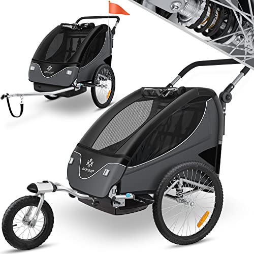 KESSER® Kinderanhänger Fahrradanhänger 360° Drehbar mit Federung 2in1 Joggerfunktion Kinderfahrradanhänger + 5-Punkt Gurt Jogger Fahrrad Anhänger für 1 bis 2 Kinder max. 40kg Inkl. Warnfahne, Schwarz
