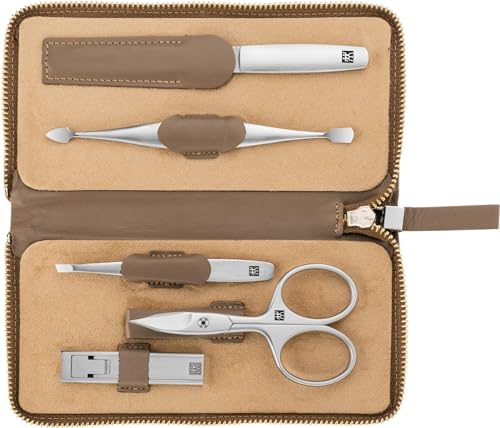 ZWILLING Maniküreset (5 Teilig Professionelles Nagelpflegeset aus Echt Leder mit Reißverschluss, mit Nagel- und Hautschere), Premium, Taupe