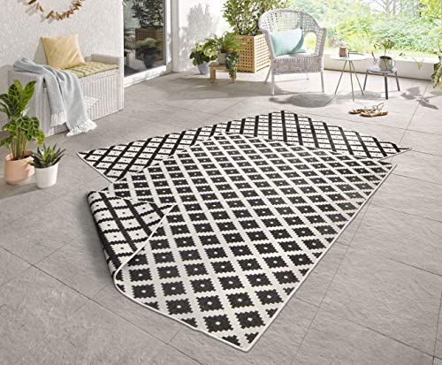 NORTHRUGS In- und Outdoor Teppich Nizza 200x290cm - Wendeteppich Wetterfest Modernes Geometrisches Muster für Balkon Terrasse Garten Wintergarten Küche Wohnzimmerteppich Wasserfest in Schwarz Creme