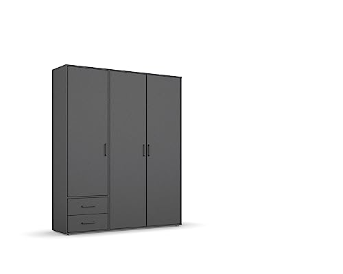 Rauch Möbel Voyager Schrank Kleiderschrank Drehtürenschrank, Grau metallic, Schwarz, 3-türig mit 2 Schubladen, inkl. 1 Kleiderstange, 3 Einlegeböden BxHxT 140x194x53 cm