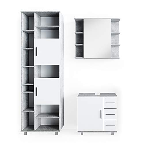 Vicco Badmöbel-Set Ilias, Badezimmerschrank-Set, Beton/Weiß, 3 Teile, mit Hochschrank