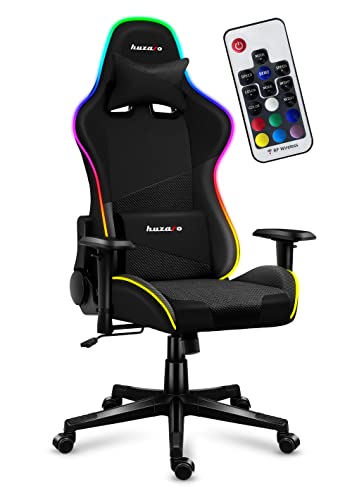 huzaro Force 6.2 Black RGB | LED Beleuchtung Gaming Stuhl Bürostuhl Schreibtischstuhl Eco-Leder Stoff Carbon | bis 130 kg belastbar | Höhenverstellbar Kopfstütze Lendenstütze Ergonomischer | Schwarz