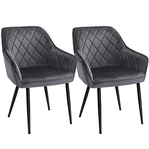 SONGMICS Esszimmerstühle, 2er Set, Sessel, Loungesessel, mit Armlehne, Bezug aus Samt, Metallbeine, bis 110 kg belastbar, für Esszimmer, Küche, Wohnzimmer, Schlafzimmer, grau LDC088G02
