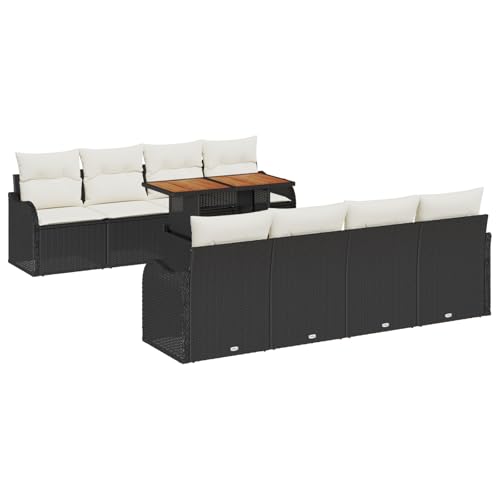 vidaXL 9-teiliges Garten Sofa Set mit Kissen Schwarz Poly Rattan Akazie, 2-Sitzer Garten Sofa mit Kissen Schwarz Poly Rattan
