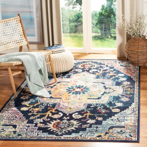 SAFAVIEH Boho Teppich für Wohnzimmer, Esszimmer, Schlafzimmer - Crystal Collection, Kurzer Flor, Marineblau und Fuchsia, 160 X 225 cm