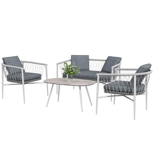 Outsunny 4 TLG. Rattan Gartenmöbel-Set, Gartengarnitur mit Schaukelfunktion, Sitzgarnitur mit 1 Doppelsofa 2 Sesseln 1 Couchtisch, Kissen, Stahl Sitzgruppe für Terrasse, Garten, Grau