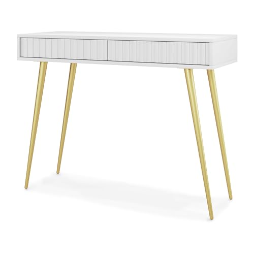 Selsey Schminktisch Makeup Tisch Frisiertisch Kosmetiktisch 104 cm Mit 2 Schubladen Bello Weiß Goldene Beine