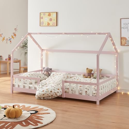 [en.casa] Kinderbett Sisimiut Hausbett 140 x 200 cm mit Rausfallschutz Holzbett für Kinder Bodenbett Lattenrost Kiefernholz Rosa/Weiß