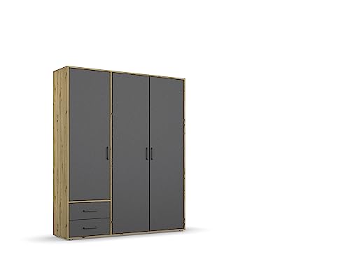 Rauch Möbel Voyager Schrank Kleiderschrank Drehtürenschrank, Grau metallic/Eiche Artisan, Holz, Schwarz, 3-türig mit 2 Schubladen, inkl. 1 Kleiderstange, 3 Einlegeböden BxHxT 140x194x53 cm