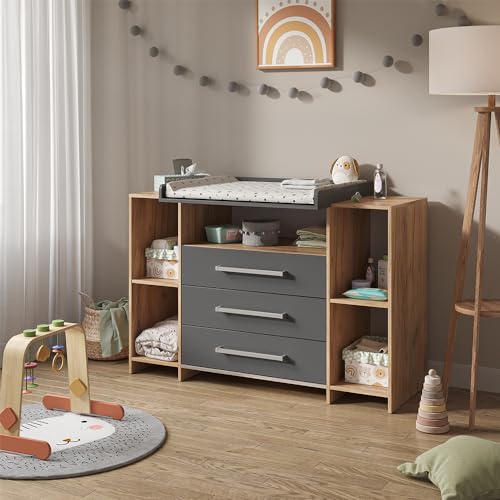 Vicco Wickelkommode Oskar, Goldkraft Eiche, 143 x 100 cm XL mit Schubladen