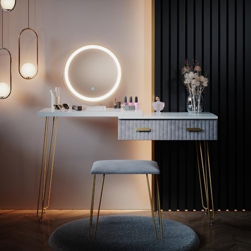 Vicco Schminktisch Zoey, Weiß/Grau, 120 cm mit LED Beleuchtung und Hocker