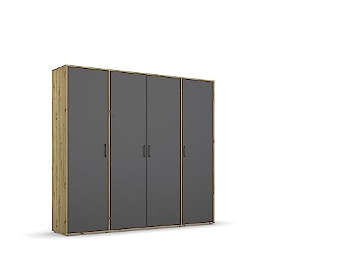 Rauch Möbel Voyager Schrank Kleiderschrank Drehtürenschrank, Grau metallic/Eiche Artisan, Holz, Schwarz, 4-türig, inkl. 1 Kleiderstange, 7 Einlegeböden BxHxT 187x194x53 cm