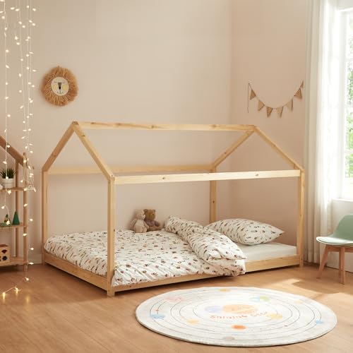 [en.casa] Kinderbett Cerro Hausbett Jugendbett Bett in Haus-Optik Montessori Bett aus massiver Kiefer Bettgestell mit Lattenrost Holzfarben 140x200cm