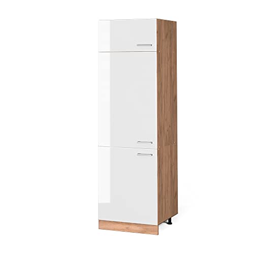 Vicco Kühlumbauschrank R-Line, Hochschrank für die Küche, Weiß Hochglanz/Goldkraft Eiche, 60 cm