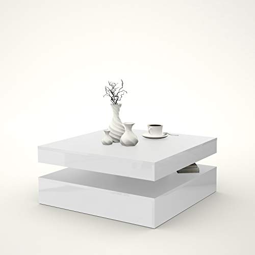 FORTE Coffee Tables Couchtisch mit rotierender Tischplatte, Holzwerkstoff, Weiß Hochglanz, 78 (93) x 34,3 x 78 cm