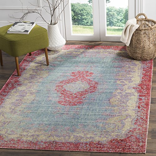 SAFAVIEH Boho Teppich für Wohnzimmer, Esszimmer, Schlafzimmer - Windsor Collection, Kurzer Flor, Hellblau und Fuchsia, 152 X 213 cm
