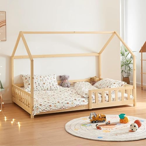 [en.casa] Kinderbett Hesel Hausbett Holzoptik 120 x 200 cm mit Rausfallschutz und Lattenrost Bodenbett Jugendbett Holzbett