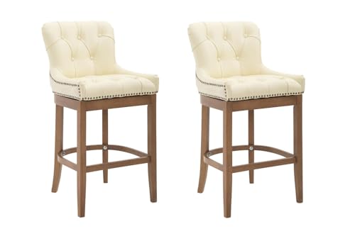CLP 2er Set Barhocker Lakewood Mit Echtlederbezug I 2 x Tresenstuhl Mit Gestell Aus Kautschukholz Und Rückenlehne, Farbe:Creme, Gestell Farbe:antik-hell