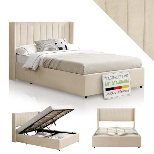 Juskys Polsterbett Savona 120x200 cm, Bett mit Stauraum, Lattenrost, Samt-Bezug, Bettgestell aus Holz, bis 250 kg, großes Kopfteil, Beige