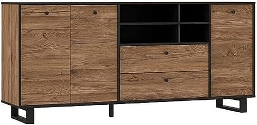 FORTE SEWILL Kommode mit 3 Türen und 2 Schubladen, Holzwerkstoff, Colonialeiche / Schwarz, 180.8 x 81.6 x 42 cm