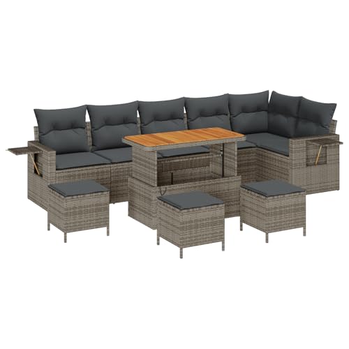 vidaXL 10-teiliges Garten Sofa Set mit Kissen Grau Poly Rattan Akazie, 4-teiliges Garten Essenset mit Kissen Grau Poly Rattan Akazie