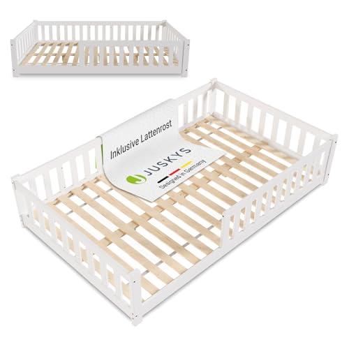 Juskys Kinderbett Naya - 120x200 cm Bett mit Rausfallschutz & Lattenrost - Holz Bodenbett für Kinder 3-10 Jahre - modernes Bettgestell Weiß