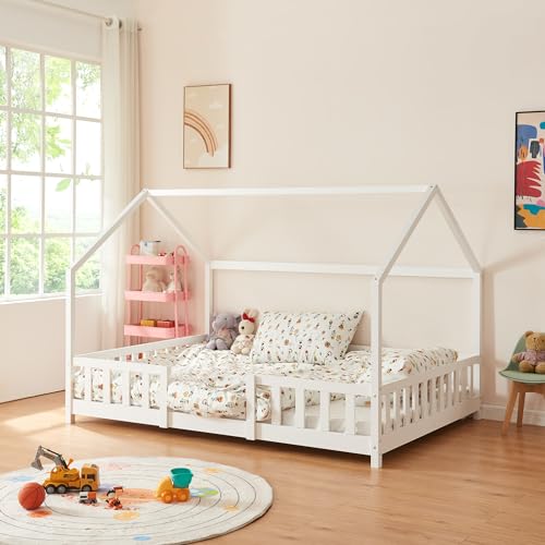 [en.casa] Kinderbett Sisimiut Hausbett 120 x 200 cm mit Rausfallschutz Holzbett für Kinder Bodenbett Lattenrost Kiefernholz Weiß matt