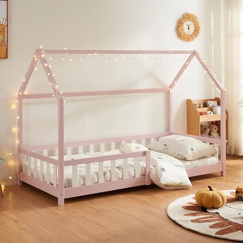 [en.casa] Kinderbett Hesel Hausbett Rosa 90 x 200 cm mit Rausfallschutz und Lattenrost Bodenbett Jugendbett Holzbett