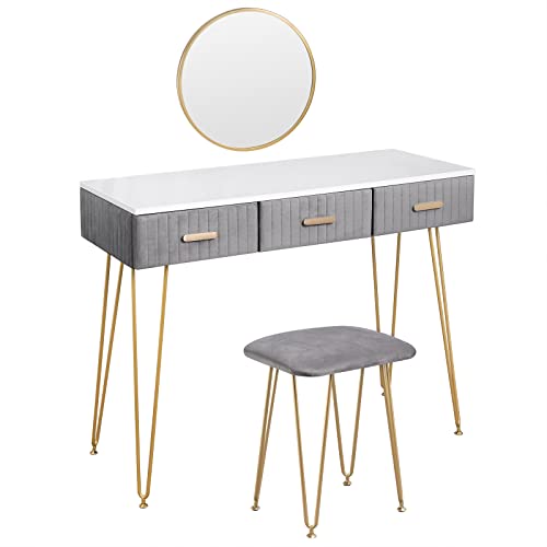WOLTU Schminktisch mit Spiegel und Hocker, Frisiertisch mit 3 Schubladen aus Massivholz, Große Hochglanz Tischplatte 100x40cm, Modern Kosmetiktisch aus Samt und Metall, Grau Weiß, MB6080gr