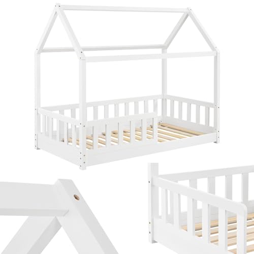 Juskys Kinderbett Marli 80 x 160 cm mit Rausfallschutz, Lattenrost und Dach - Hausbett für Kinder aus Massivholz - Bett in Weiß