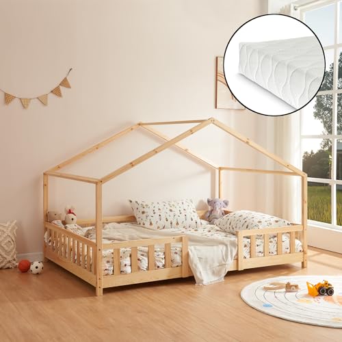 [en.casa] Kinderbett Treviolo mit Matratze 140x200cm Hausbett Holzbett für Kinder mit Rausfallschutz Bettgestell mit Lattenrost Spielbett Kiefernholz Holz Natur