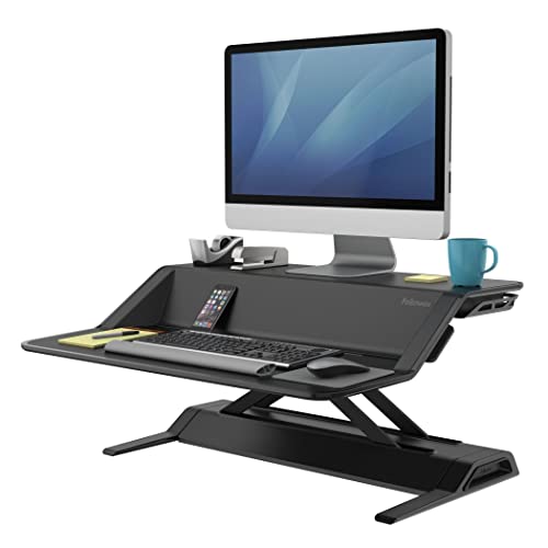 Fellowes Sitz-Steh Desktop Aufsatz Lotus - REGT zu mehr Bewegung bei der Schreibtischarbeit an, mit 22 Höheneinstellungen und Kabelmanagement, ergonomisch, schwarz, 1 Stück