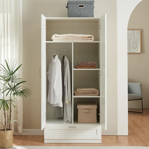 [en.casa] Kleiderschrank Finning 2-türig 176 x 80 x 52 cm Garderobenschrank mit 1 Kleiderstange, 4 Fächern und 1 Schublade Weiß