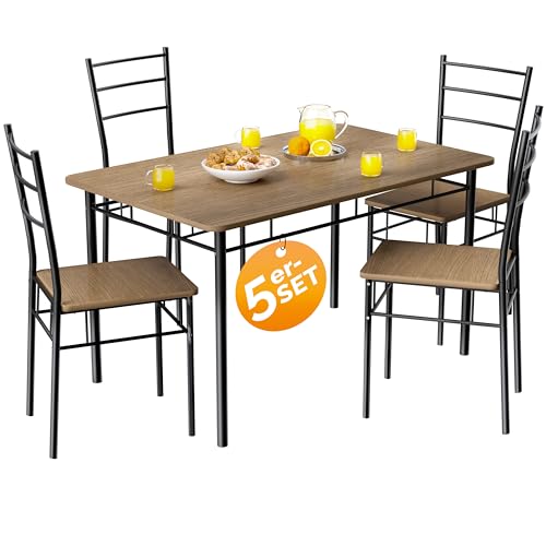 Casaria® Esstisch mit 4 Stühlen Holz 5-TLG. Set Metall 110x70cm Industrial Esszimmer Küche Stühle Tisch Möbel Essgruppe Sitzgruppe Vintage Braun
