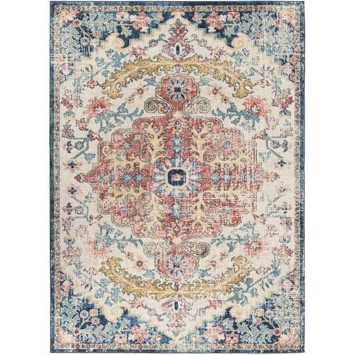 Livabliss Manama Vintage Teppich groß - Orientalischer Teppich Wohnzimmer 200x275 cm, Esszimmer, Schlafzimmer - Boho Kurzflor Teppiche für einfache Pflege - Aqua, Elfenbein, Orange