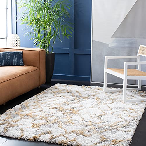SAFAVIEH Zottelig Teppich für Wohnzimmer, Esszimmer, Schlafzimmer - Horizon Shag Collection, Kurzer Flor, Elfenbein und Gold, 160 X 231 cm