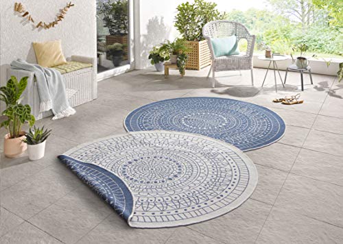 Northrugs Porto In- und Outdoor Teppich Rund – Runder Wendeteppich Wasserfest Mandala Design Flachgewebe Teppich Wetterfest für Balkon, Terrasse, Garten, Wohnzimmer in Grau Creme, ⌀240cm