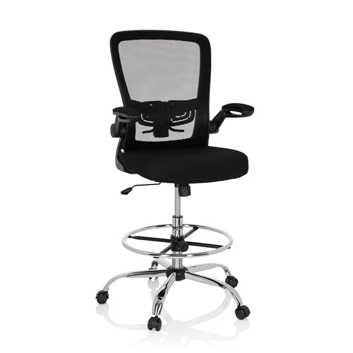 hjh OFFICE 719901 Arbeitsstuhl VENDO Work Netzstoff Schwarz Counterstuhl hoch, Armlehnen klappbar, Ring-Fußstütze