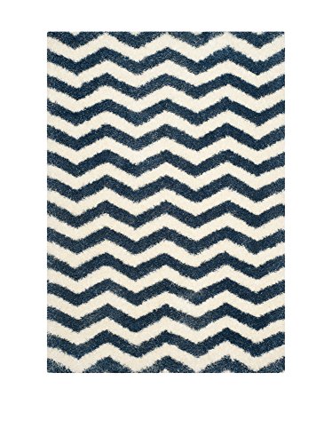 SAFAVIEH Zottelig Teppich für Wohnzimmer, Esszimmer, Schlafzimmer - Montreal Shag Collection, Hoher Flor, Elfenbein und Blau, 201 X 201 cm