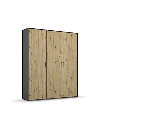 Rauch Möbel Voyager Schrank Kleiderschrank Drehtürenschrank, Eiche Artisan/Grau metallic, Holz, Schwarz, 3-türig, inkl. 1 Kleiderstange, 4 Einlegeböden BxHxT 140x194x53 cm