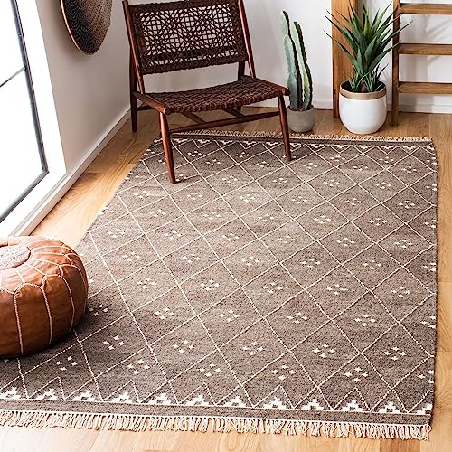 SAFAVIEH Boho Teppich für Wohnzimmer, Esszimmer, Schlafzimmer - Natural Kilim Collection, Kurzer Flor, Braun und Elfenbein, 152 X 244 cm