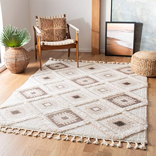 SAFAVIEH Zottelig Teppich für Wohnzimmer, Esszimmer, Schlafzimmer - Moroccan Tassel Shag Collection, Kurzer Flor, Elfenbein und Braun, 201 X 279 cm