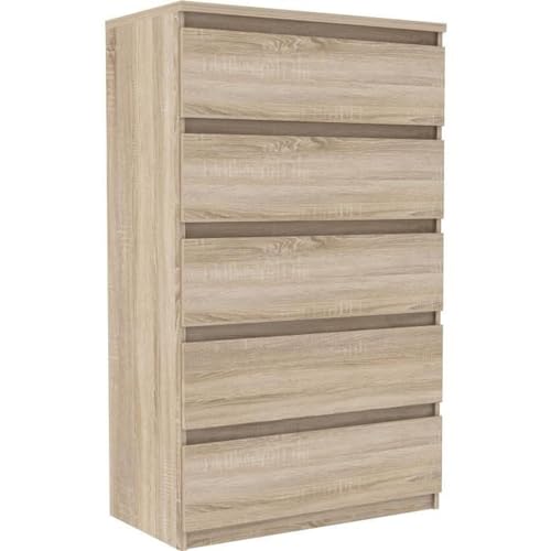 FORTE Chelsea Hohe Kommode 70 80, Kommode mit 5 Schubladen,Modernes Sideboard, Wohnzimmerkommode, Sonoma Eiche Holzdekor, 77,2 cm breit x 128,1 cm hoch x 42,2 cm tief