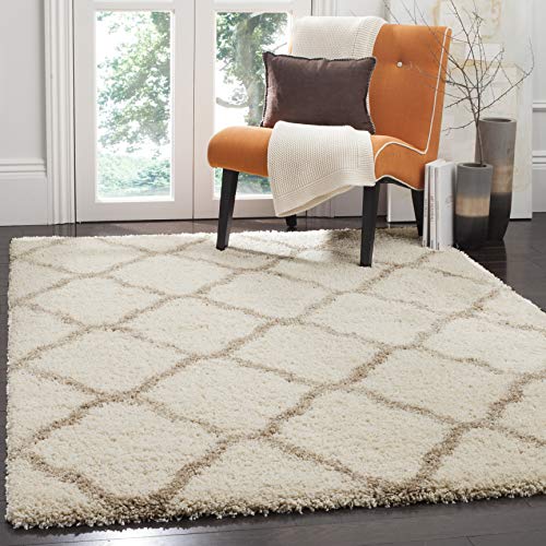 SAFAVIEH Zottelig Teppich für Wohnzimmer, Esszimmer, Schlafzimmer - Hudson Shag Collection, Hoher Flor, Elfenbein und Beige, 155 X 229 cm
